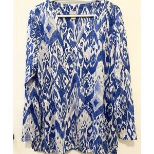 Chicos Top Womens 3 XL Blue Geo Print 3/4 Sleeve 100% Linen